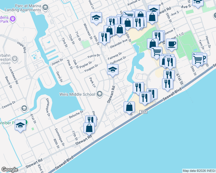 map of restaurants, bars, coffee shops, grocery stores, and more near 63 Colony Park Circle in Galveston