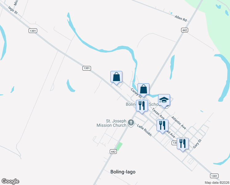 map of restaurants, bars, coffee shops, grocery stores, and more near 10602 Farm to Market Road 1301 in Boling-Iago