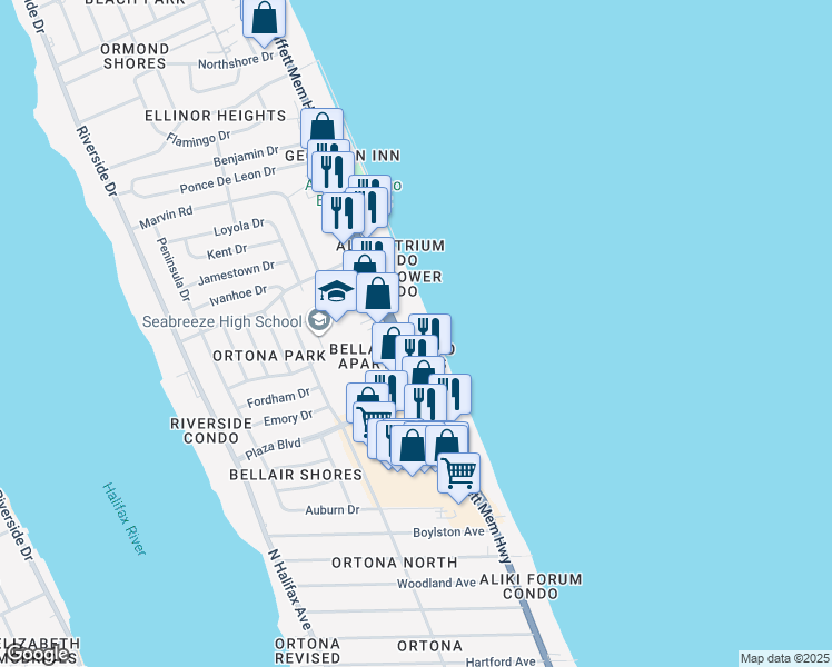 map of restaurants, bars, coffee shops, grocery stores, and more near 2800 North Atlantic Avenue in Daytona Beach