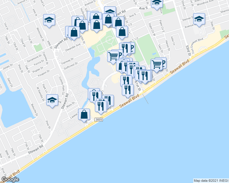 map of restaurants, bars, coffee shops, grocery stores, and more near 6445 Central City Boulevard in Galveston