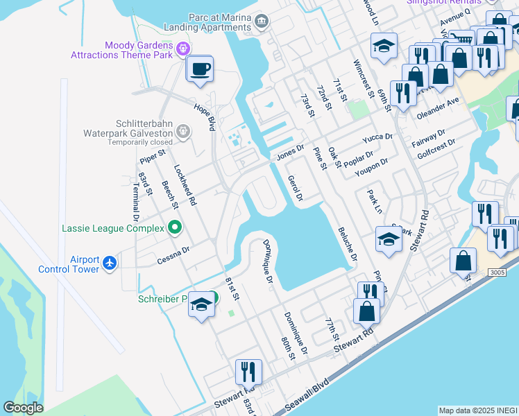 map of restaurants, bars, coffee shops, grocery stores, and more near 49 Lebrun Court in Galveston
