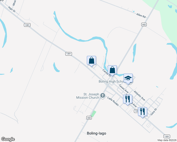 map of restaurants, bars, coffee shops, grocery stores, and more near 10602 Farm to Market Road 1301 in Boling-Iago