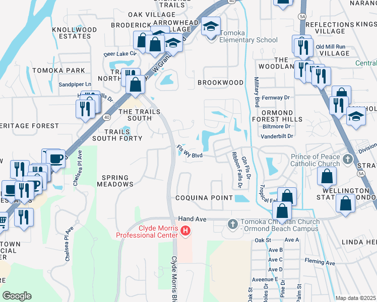 map of restaurants, bars, coffee shops, grocery stores, and more near 9 Cypress View Trail in Ormond Beach
