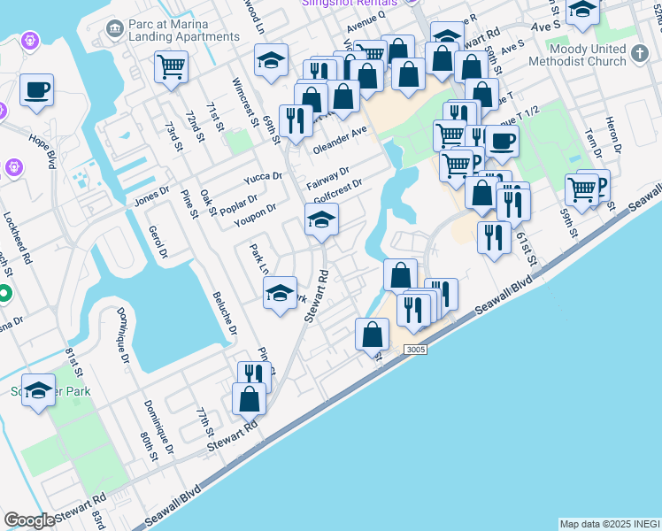 map of restaurants, bars, coffee shops, grocery stores, and more near 15 Stewart Road in Galveston