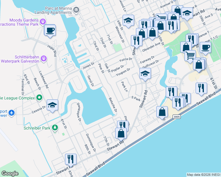 map of restaurants, bars, coffee shops, grocery stores, and more near 2808 Beluche Drive in Galveston