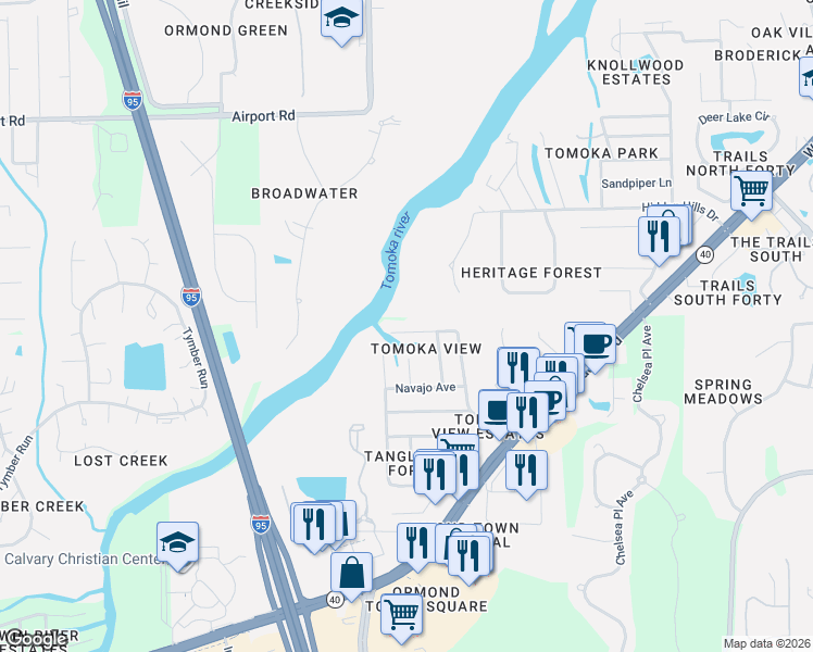 map of restaurants, bars, coffee shops, grocery stores, and more near 351 Seminole Drive in Ormond Beach