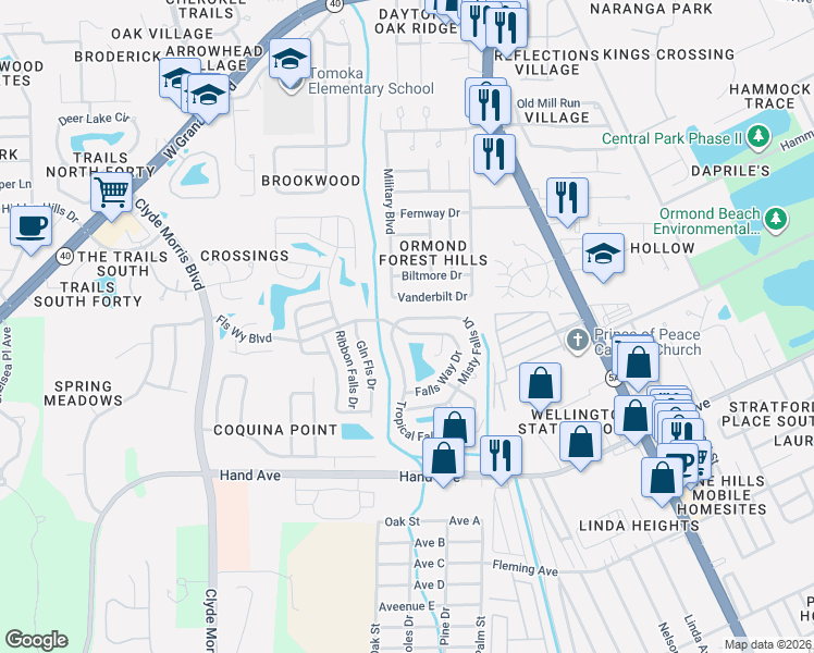 map of restaurants, bars, coffee shops, grocery stores, and more near 6 Paradise Falls Circle in Ormond Beach