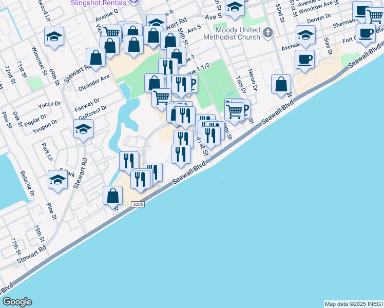 map of restaurants, bars, coffee shops, grocery stores, and more near 6102 Seawall Boulevard in Galveston