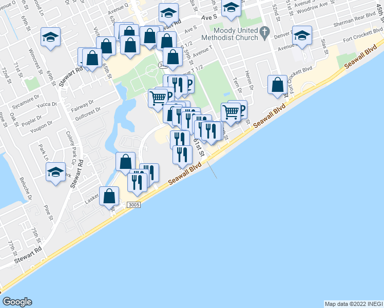 map of restaurants, bars, coffee shops, grocery stores, and more near 6102 Seawall Boulevard in Galveston