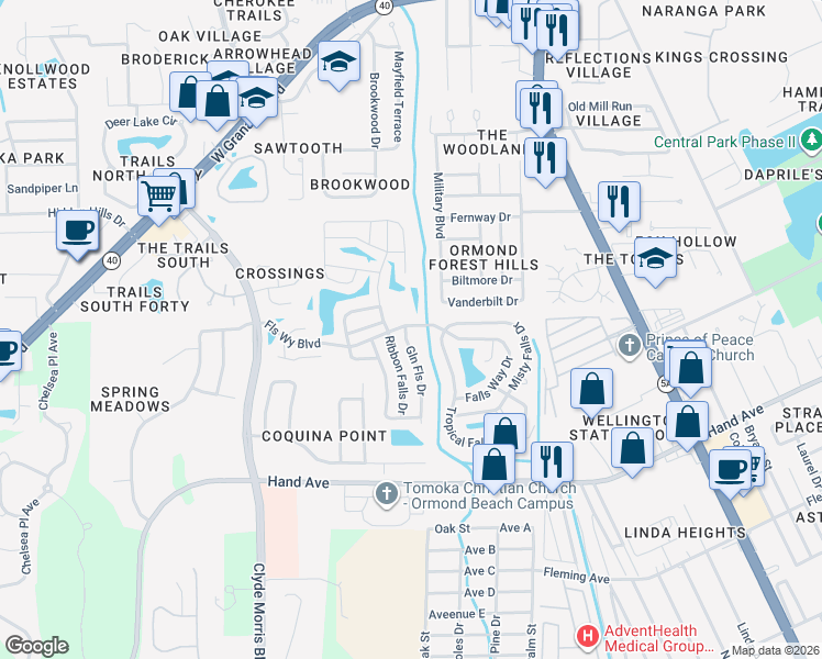 map of restaurants, bars, coffee shops, grocery stores, and more near 1 Glen Falls Drive in Ormond Beach