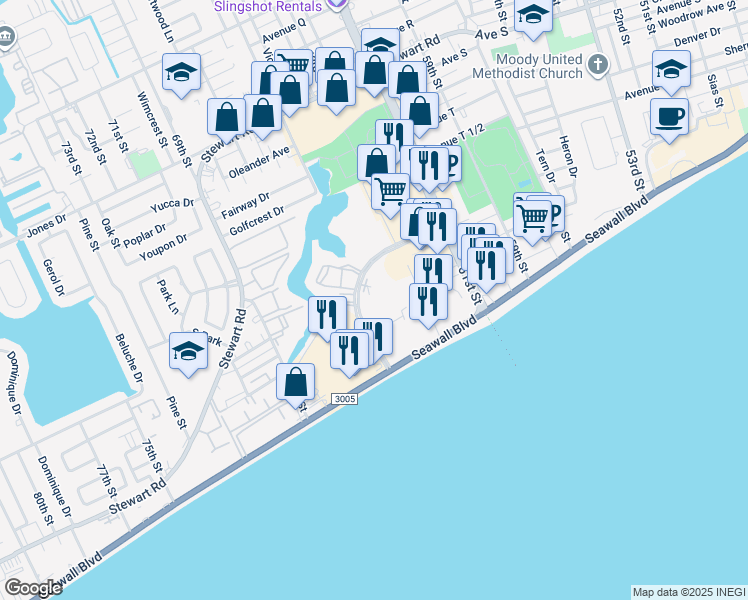 map of restaurants, bars, coffee shops, grocery stores, and more near 6315 Central City Boulevard in Galveston