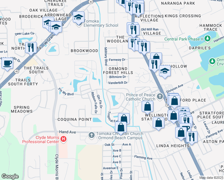 map of restaurants, bars, coffee shops, grocery stores, and more near 2 Misty Falls Drive in Ormond Beach
