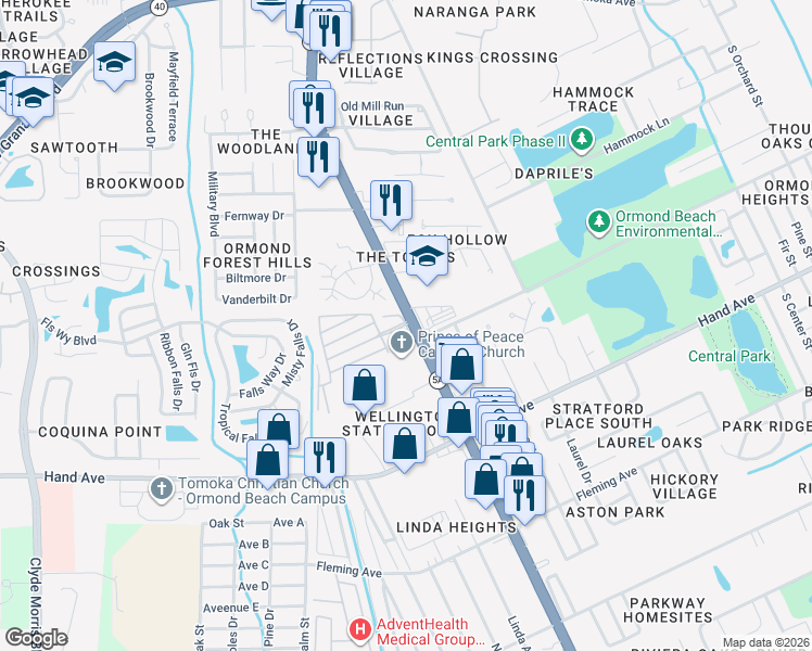 map of restaurants, bars, coffee shops, grocery stores, and more near 101 Vitality Circle in Ormond Beach