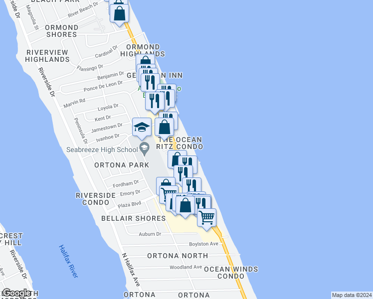 map of restaurants, bars, coffee shops, grocery stores, and more near 2800 North Atlantic Avenue in Daytona Beach