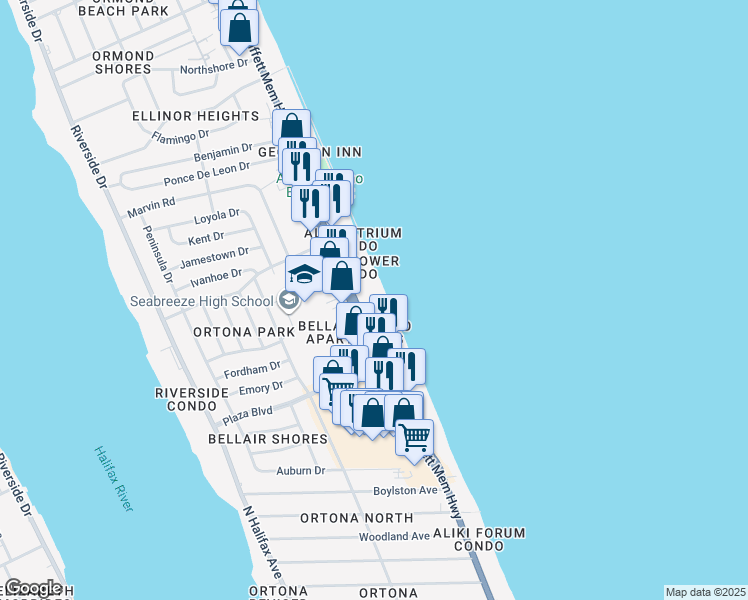 map of restaurants, bars, coffee shops, grocery stores, and more near 2800 North Atlantic Avenue in Daytona Beach