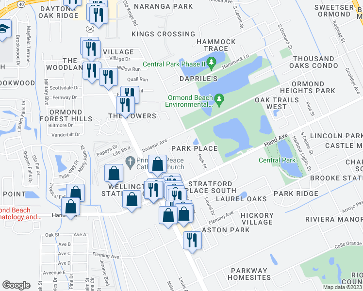 map of restaurants, bars, coffee shops, grocery stores, and more near 8 Park Terrace in Ormond Beach