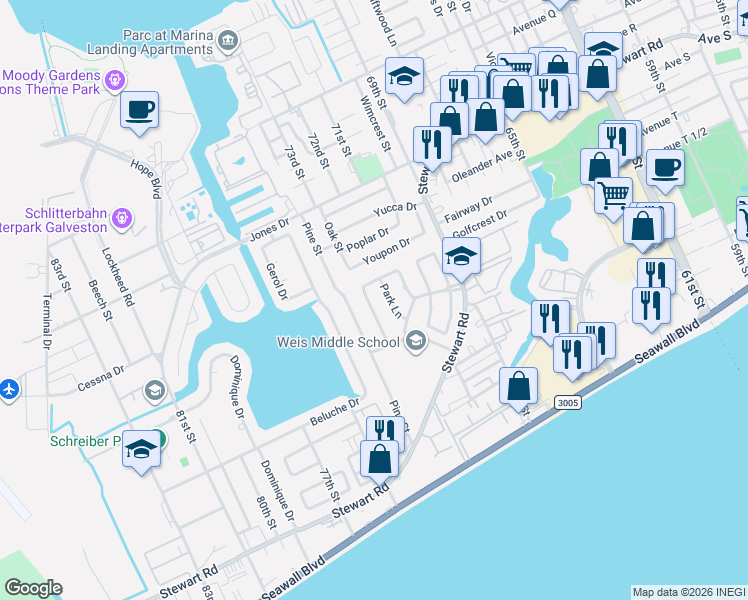 map of restaurants, bars, coffee shops, grocery stores, and more near 40 West Dansby Drive in Galveston