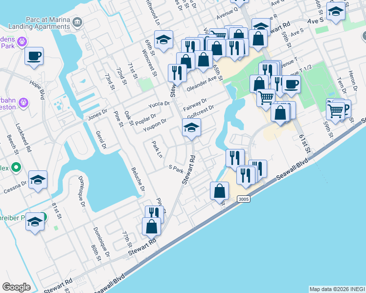 map of restaurants, bars, coffee shops, grocery stores, and more near 4 Colony Park Circle in Galveston