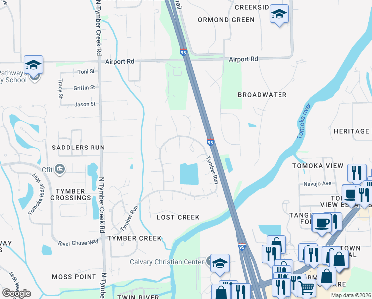 map of restaurants, bars, coffee shops, grocery stores, and more near 255 Woodstock Court in Ormond Beach