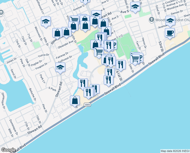map of restaurants, bars, coffee shops, grocery stores, and more near 6315 Central City Boulevard in Galveston