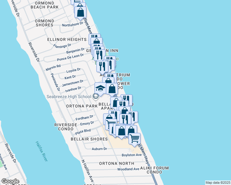 map of restaurants, bars, coffee shops, grocery stores, and more near in Ormond Beach