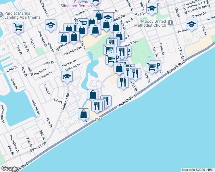 map of restaurants, bars, coffee shops, grocery stores, and more near 6424 Central City Boulevard in Galveston