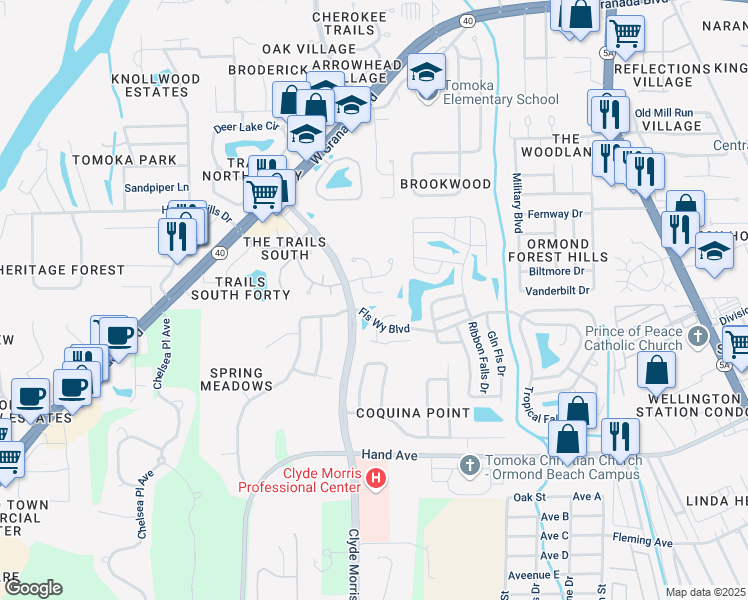 map of restaurants, bars, coffee shops, grocery stores, and more near 9 Cypress View Trail in Ormond Beach