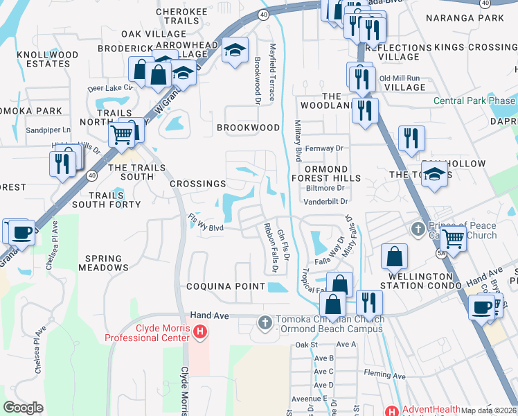 map of restaurants, bars, coffee shops, grocery stores, and more near 2 Dover Falls Road in Ormond Beach
