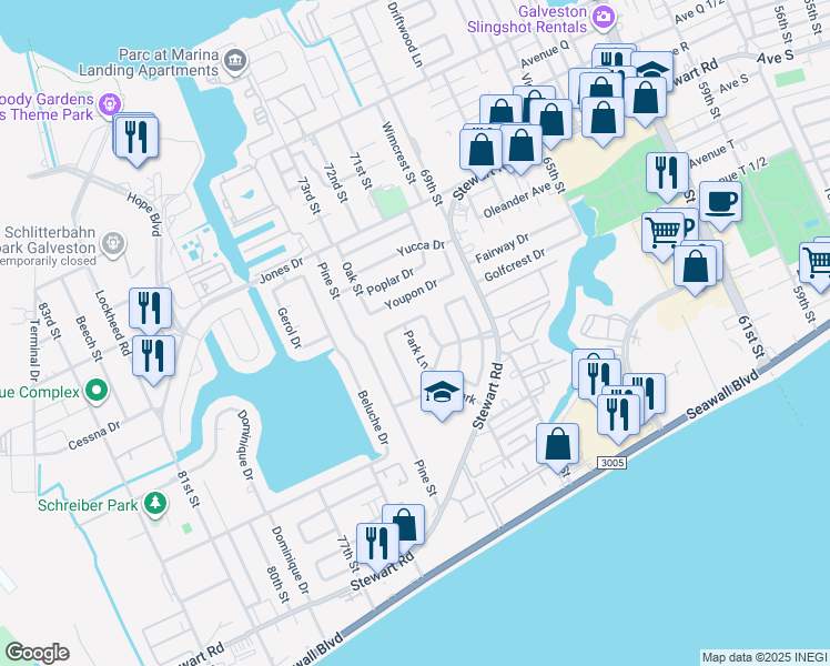 map of restaurants, bars, coffee shops, grocery stores, and more near 20 North Dansby Drive in Galveston