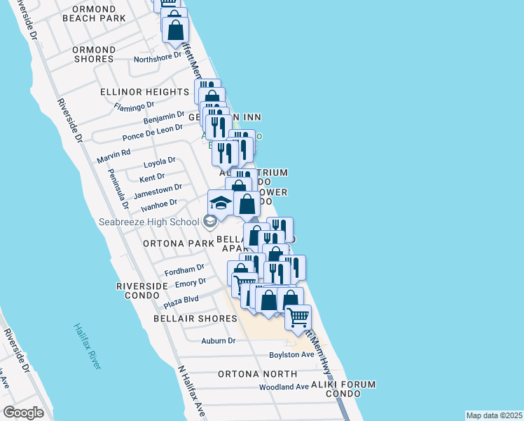 map of restaurants, bars, coffee shops, grocery stores, and more near 2900 North Atlantic Avenue in Daytona Beach