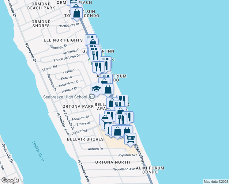 map of restaurants, bars, coffee shops, grocery stores, and more near 2900 South Atlantic Avenue in Daytona Beach