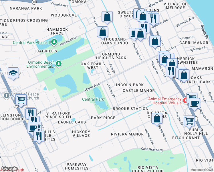 map of restaurants, bars, coffee shops, grocery stores, and more near 420 South Center Street in Ormond Beach