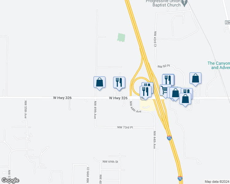 map of restaurants, bars, coffee shops, grocery stores, and more near 3915 Northwest 47th Avenue in Ocala