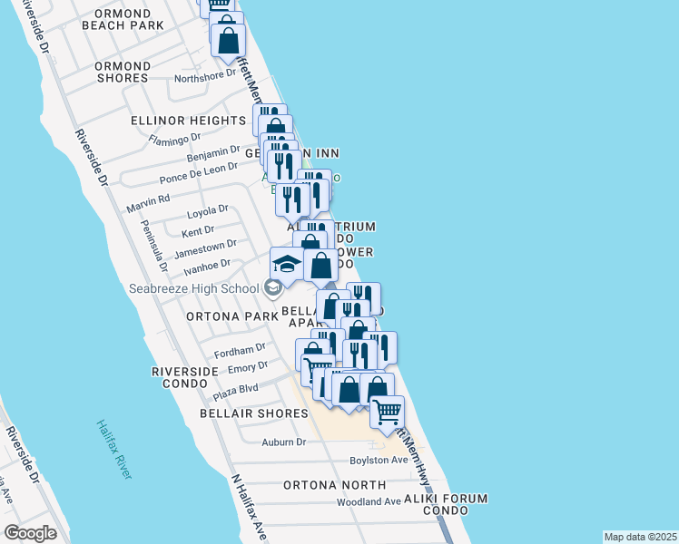 map of restaurants, bars, coffee shops, grocery stores, and more near 2900 South Atlantic Avenue in Daytona Beach