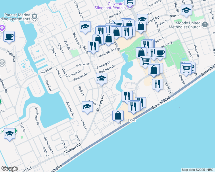 map of restaurants, bars, coffee shops, grocery stores, and more near 3102 69th Street in Galveston
