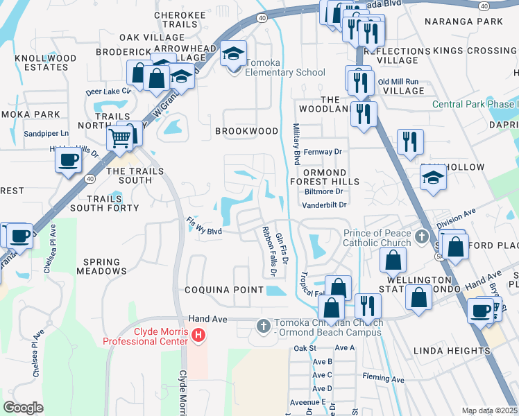 map of restaurants, bars, coffee shops, grocery stores, and more near 19 Linden Falls Drive in Ormond Beach