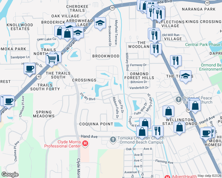 map of restaurants, bars, coffee shops, grocery stores, and more near 2 Dover Falls Road in Ormond Beach