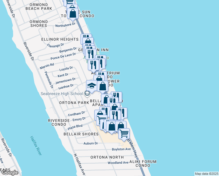map of restaurants, bars, coffee shops, grocery stores, and more near 2900 South Atlantic Avenue in Daytona Beach