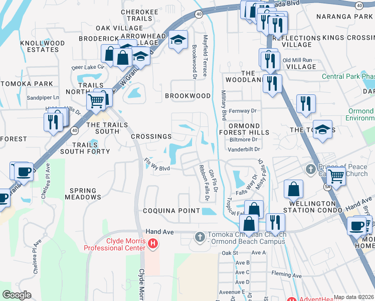 map of restaurants, bars, coffee shops, grocery stores, and more near 2 Dover Falls Road in Ormond Beach