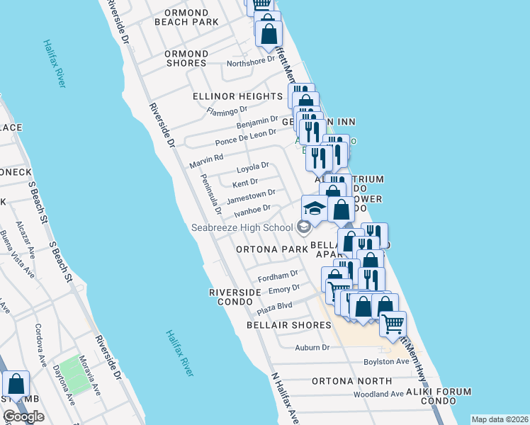 map of restaurants, bars, coffee shops, grocery stores, and more near 122 Ivanhoe Drive in Ormond Beach