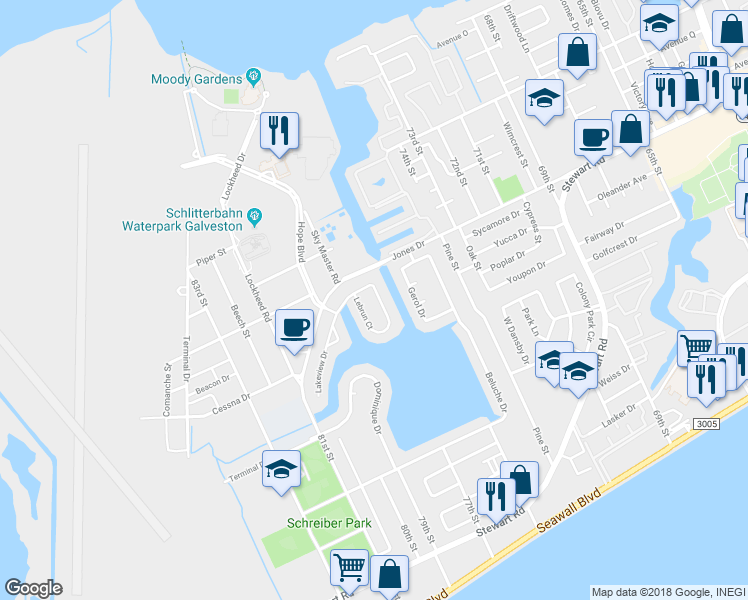map of restaurants, bars, coffee shops, grocery stores, and more near 27 Lebrun Court in Galveston