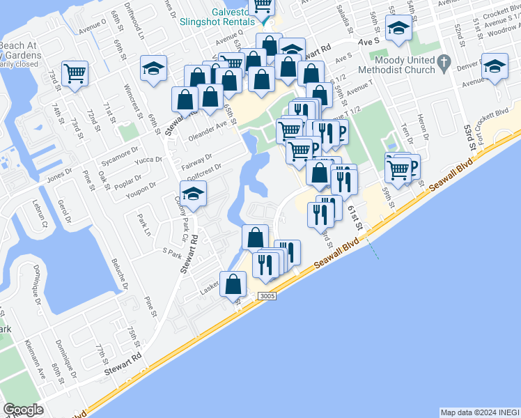 map of restaurants, bars, coffee shops, grocery stores, and more near 6424 Central City Boulevard in Galveston