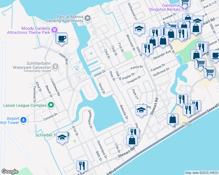 map of restaurants, bars, coffee shops, grocery stores, and more near 2615 Beluche Drive in Galveston