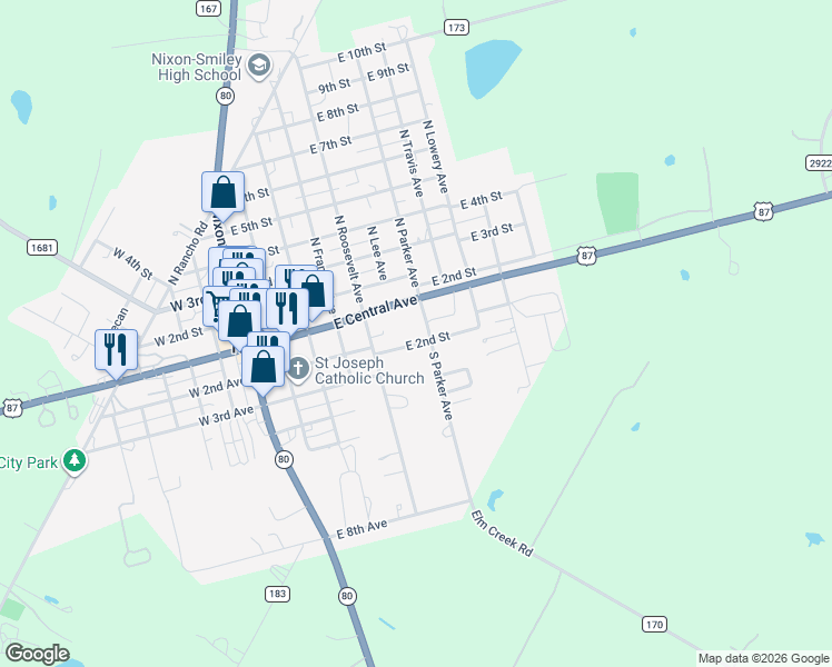 map of restaurants, bars, coffee shops, grocery stores, and more near 610 East 2nd Avenue in Nixon