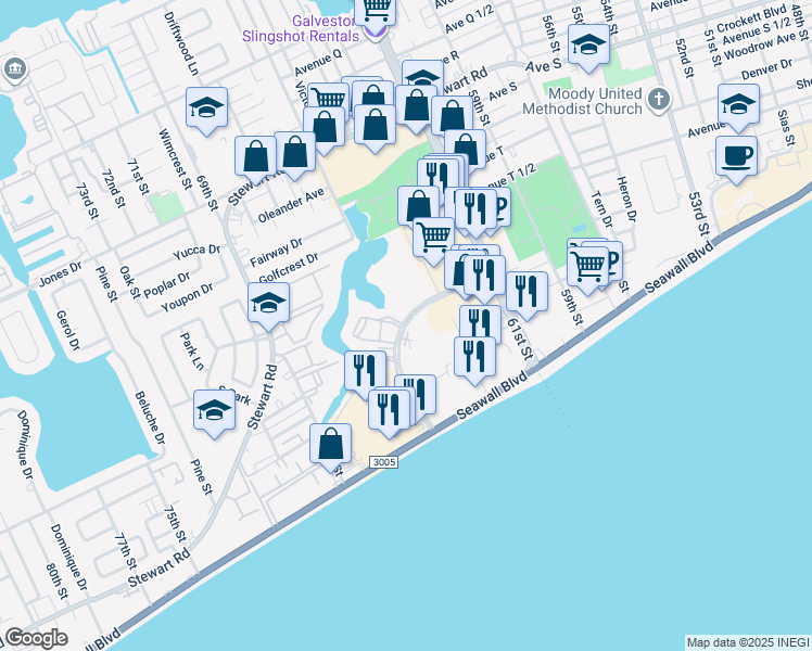 map of restaurants, bars, coffee shops, grocery stores, and more near 6295 Central City Boulevard in Galveston