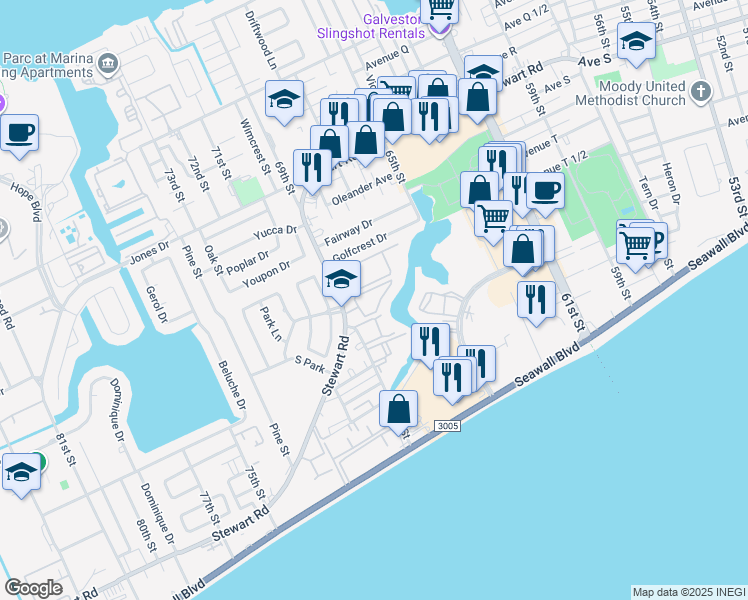 map of restaurants, bars, coffee shops, grocery stores, and more near 3102 69th Street in Galveston