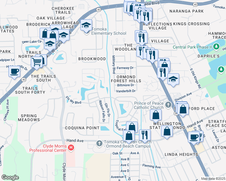 map of restaurants, bars, coffee shops, grocery stores, and more near 400 Military Boulevard in Ormond Beach