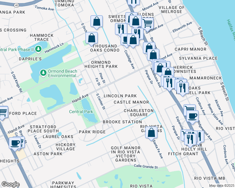 map of restaurants, bars, coffee shops, grocery stores, and more near 424 Sauls Street in Ormond Beach