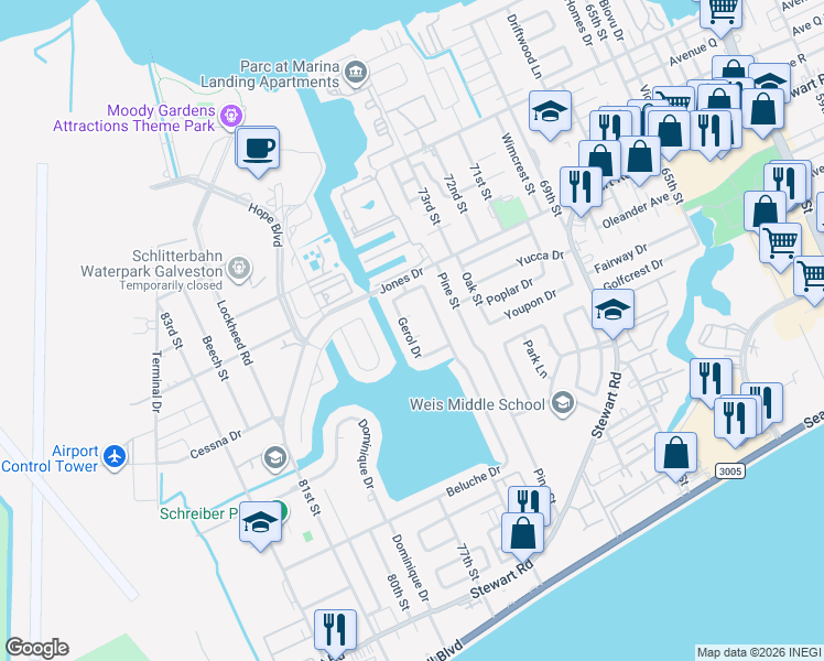 map of restaurants, bars, coffee shops, grocery stores, and more near 2513 Gerol Drive in Galveston