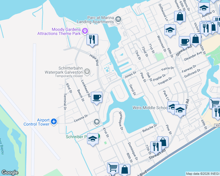 map of restaurants, bars, coffee shops, grocery stores, and more near 6 Legas Drive in Galveston